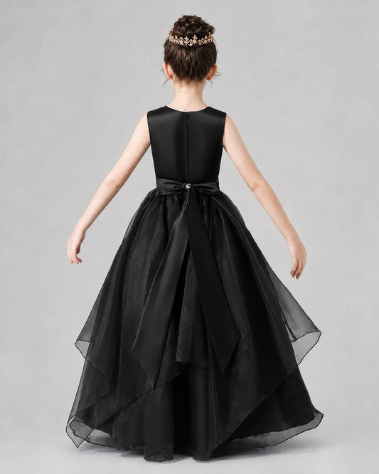 Black Satin Tulle A-Line Girls Formal Dresses Back View