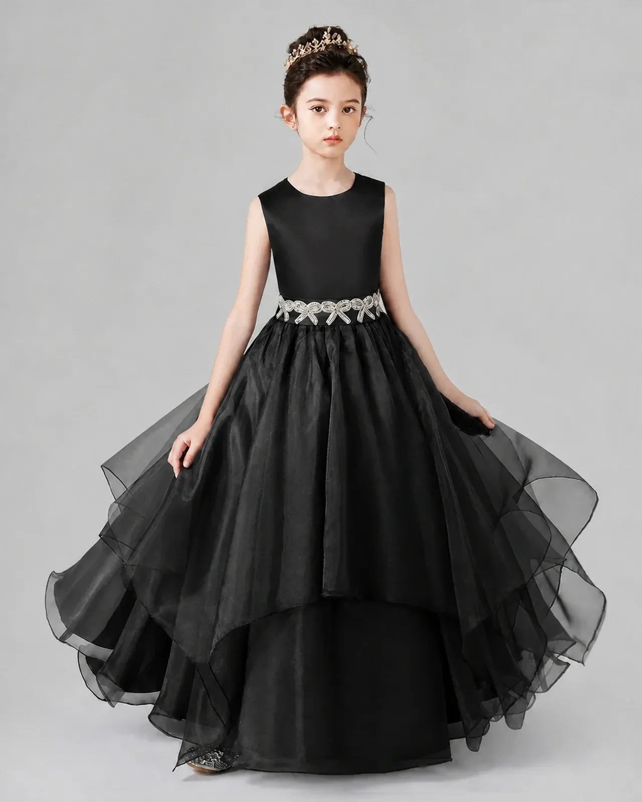 Black Satin Tulle A-Line Girls Formal Dresses Front View