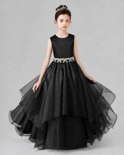 Black Satin Tulle A-Line Girls Formal Dresses Front View