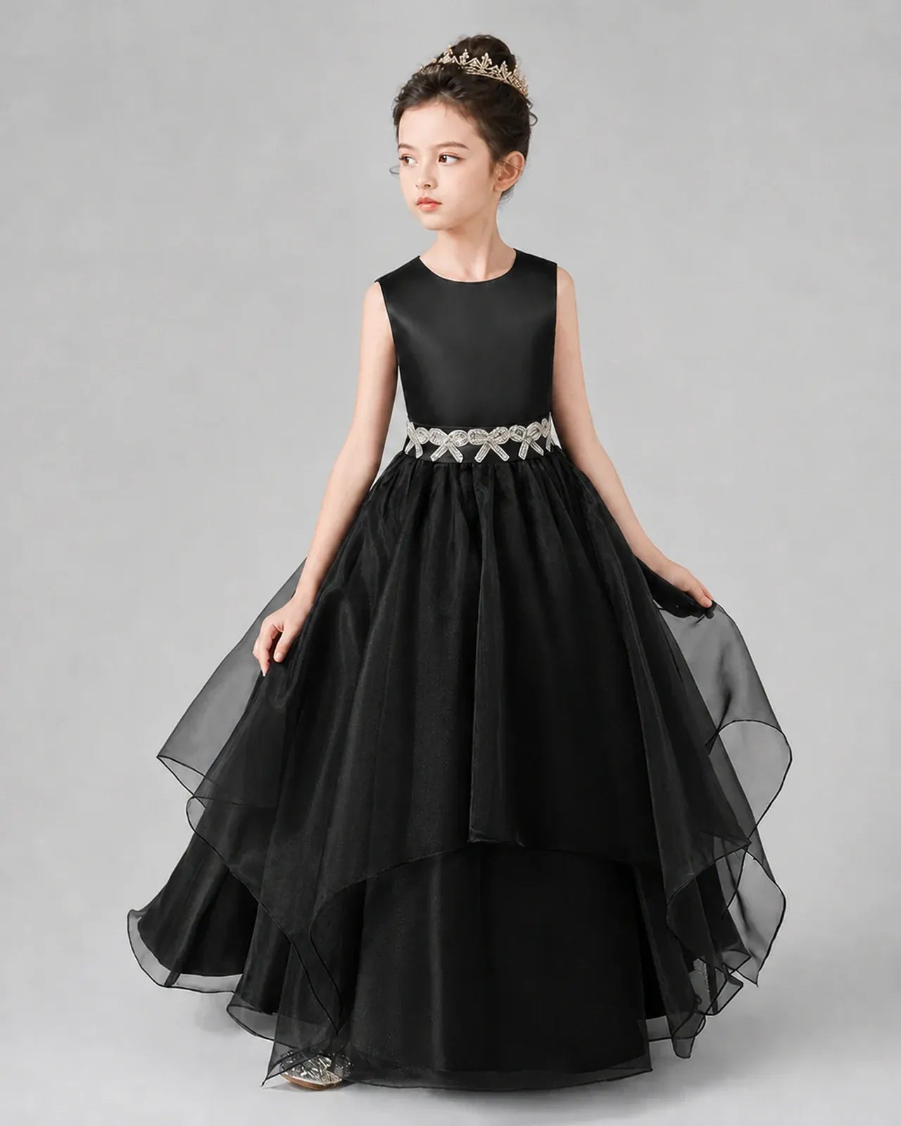 Black Satin Tulle A-Line Girls Formal Dresses Side View