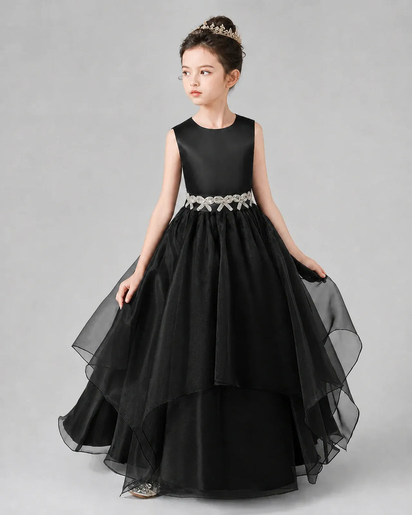Black Satin Tulle A-Line Girls Formal Dresses Side View