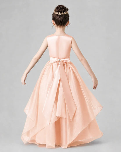 Blush Pink Satin Tulle A-Line Girls Formal Dresses Back View
