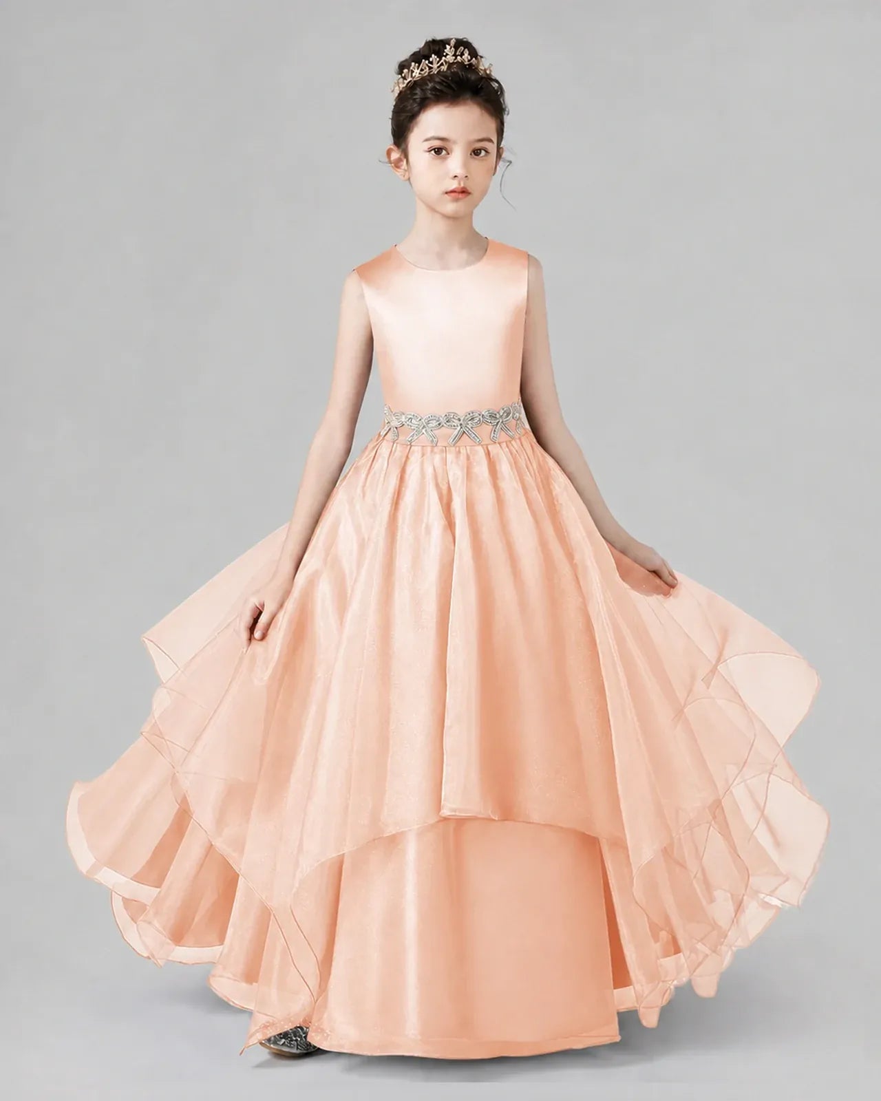 Blush Pink Satin Tulle A-Line Girls Formal Dresses Front View