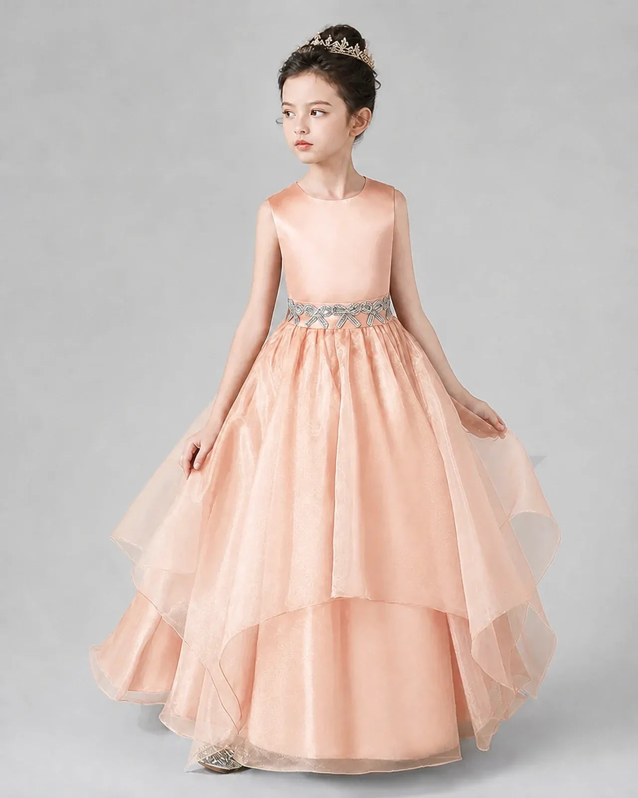Blush Pink Satin Tulle A-Line Girls Formal Dresses Side View