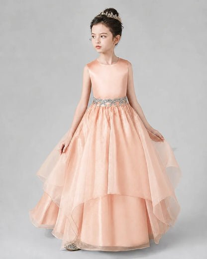 Blush Pink Satin Tulle A-Line Girls Formal Dresses Side View
