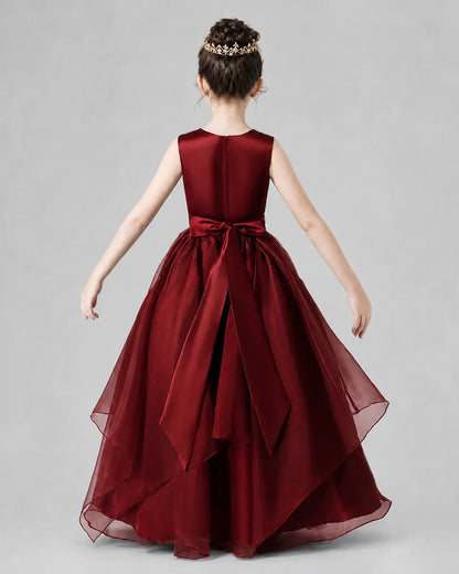 Burgundy Satin Tulle A-Line Girls Formal Dresses Back View