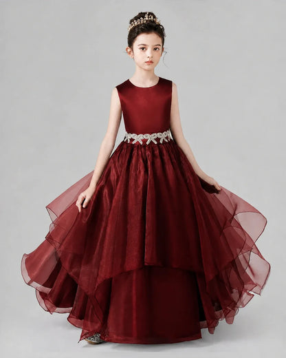 Burgundy Satin and Tulle Tiered High-Low Girls Formal Dresses Front View