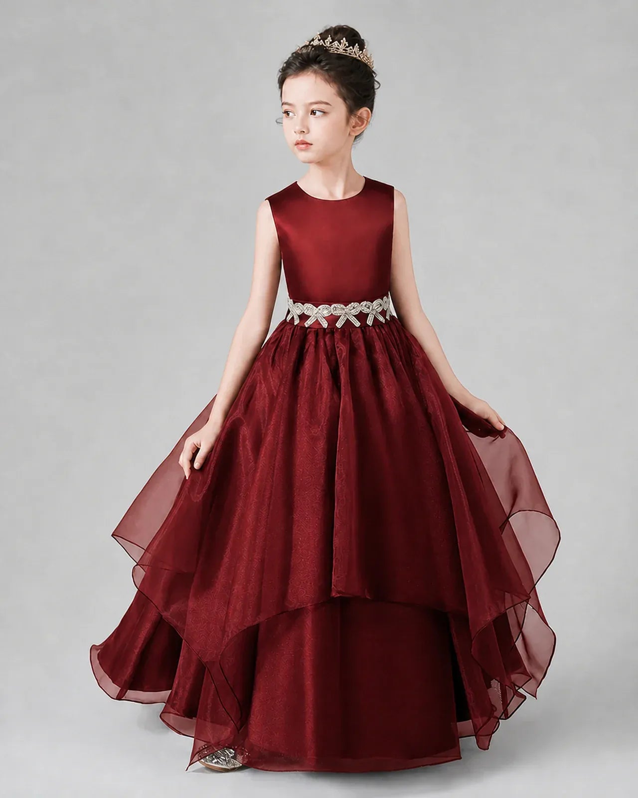 Burgundy Satin and Tulle A-line Girls Formal Dresses Side View
