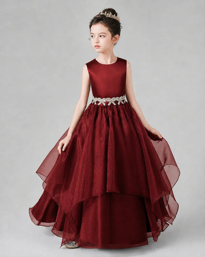 Burgundy Satin and Tulle A-line Girls Formal Dresses Side View