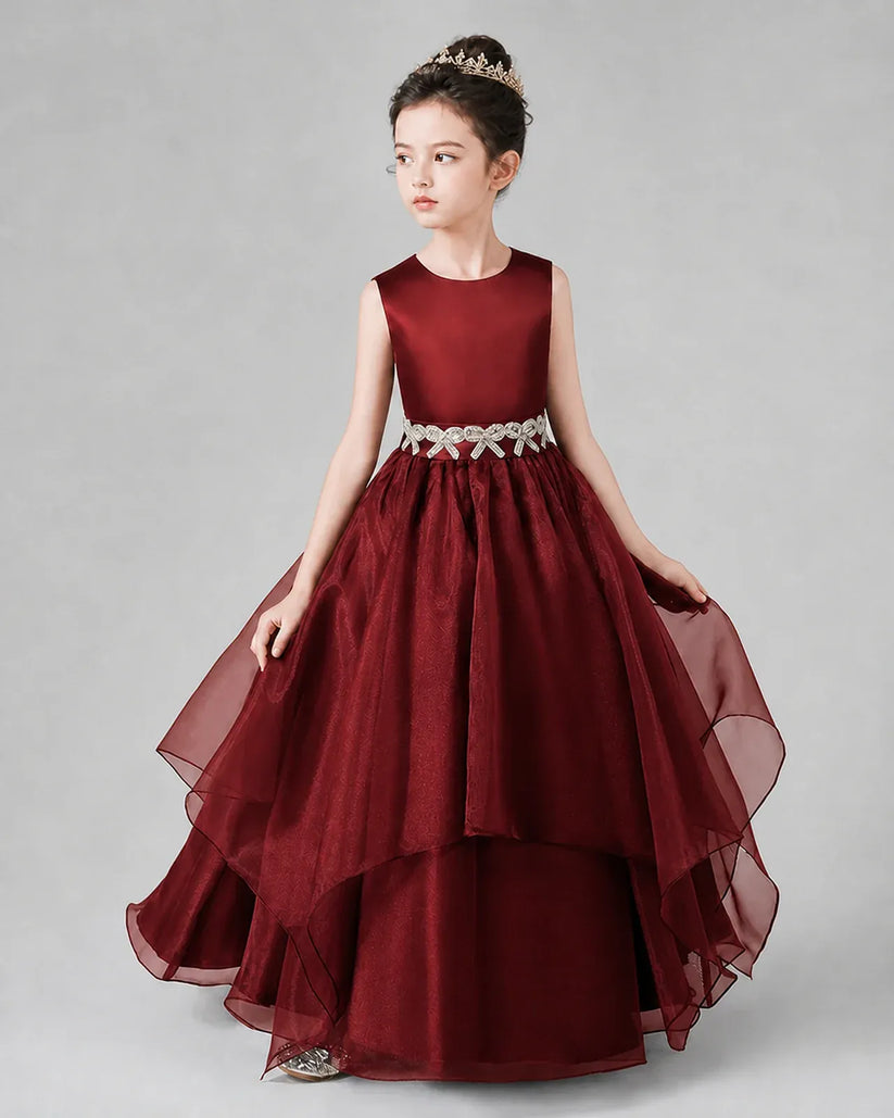 Burgundy Satin and Tulle A-line Girls Formal Dresses Side View