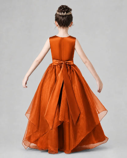 Burnt Orange Satin and Tulle A-Line Girls Formal Dresses Back View