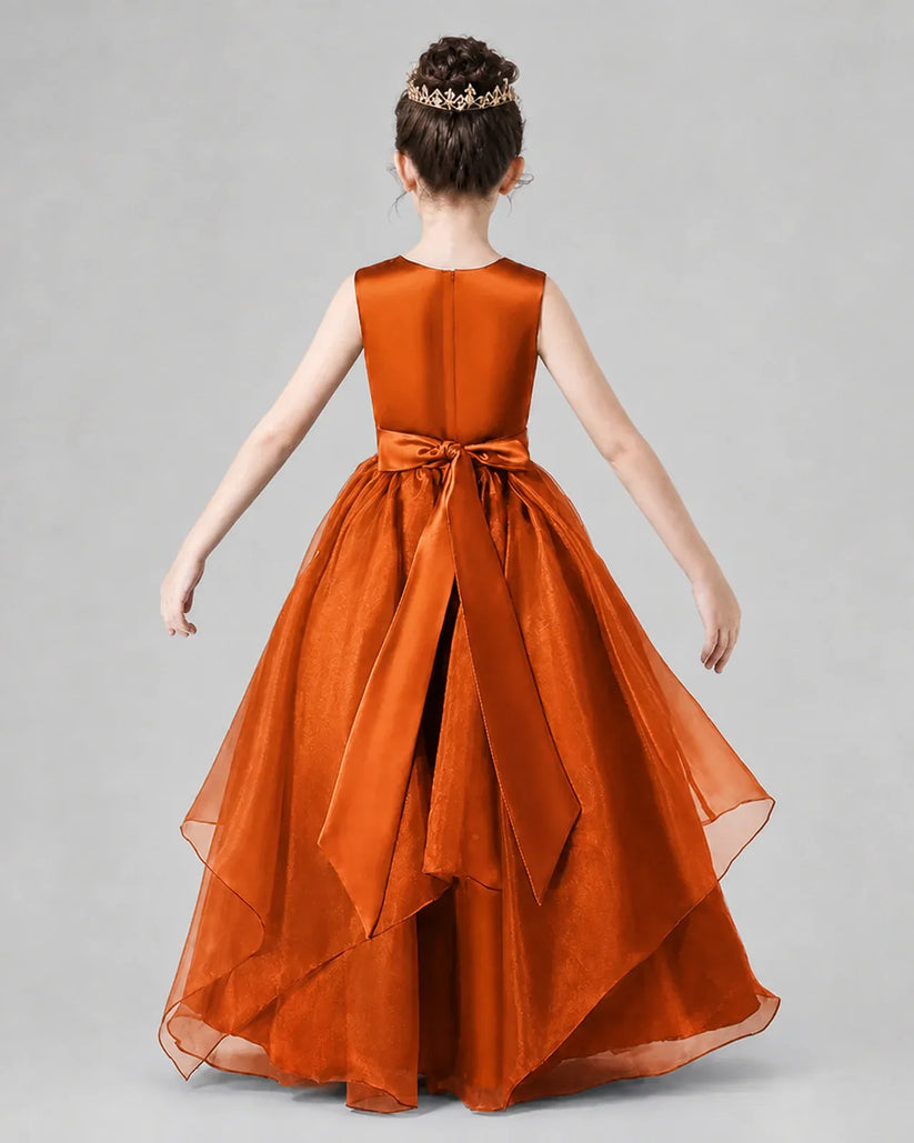Burnt Orange Satin and Tulle A-Line Girls Formal Dresses Back View
