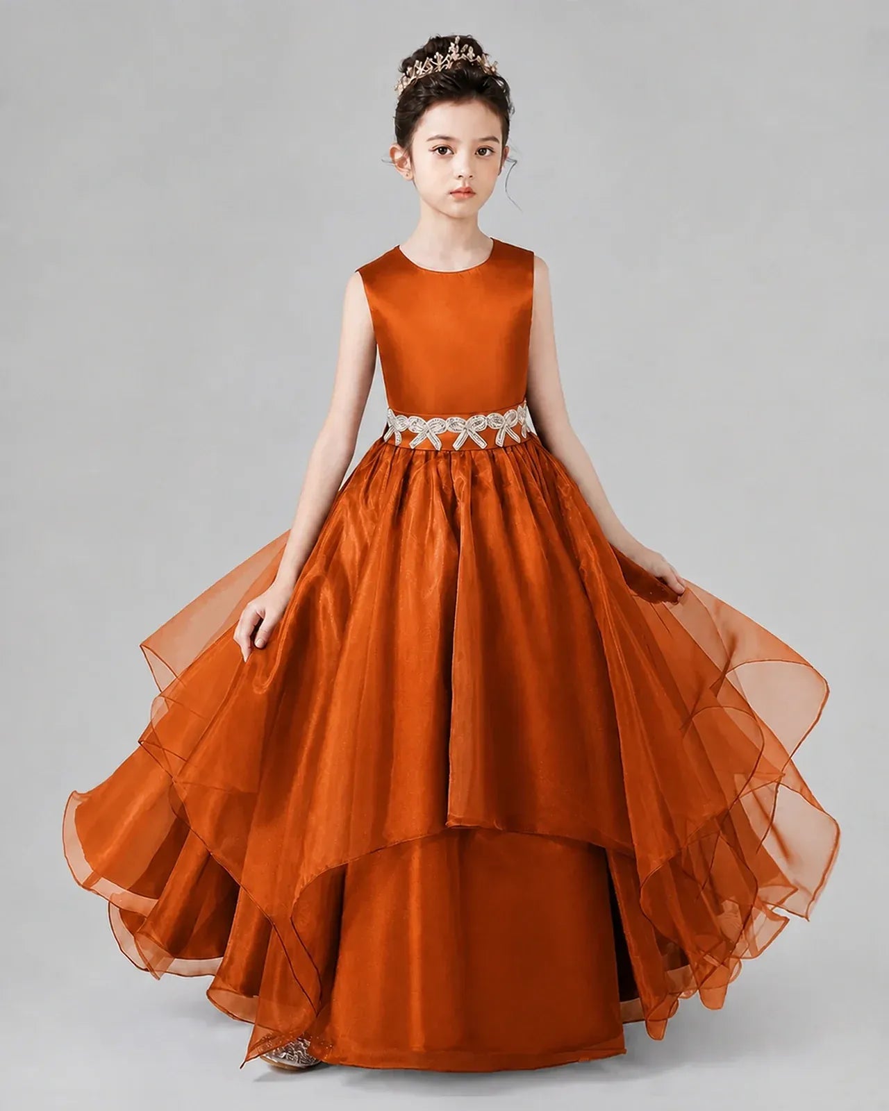 Burnt Orange Satin and Tulle A-Line Girls Formal Dresses Front View