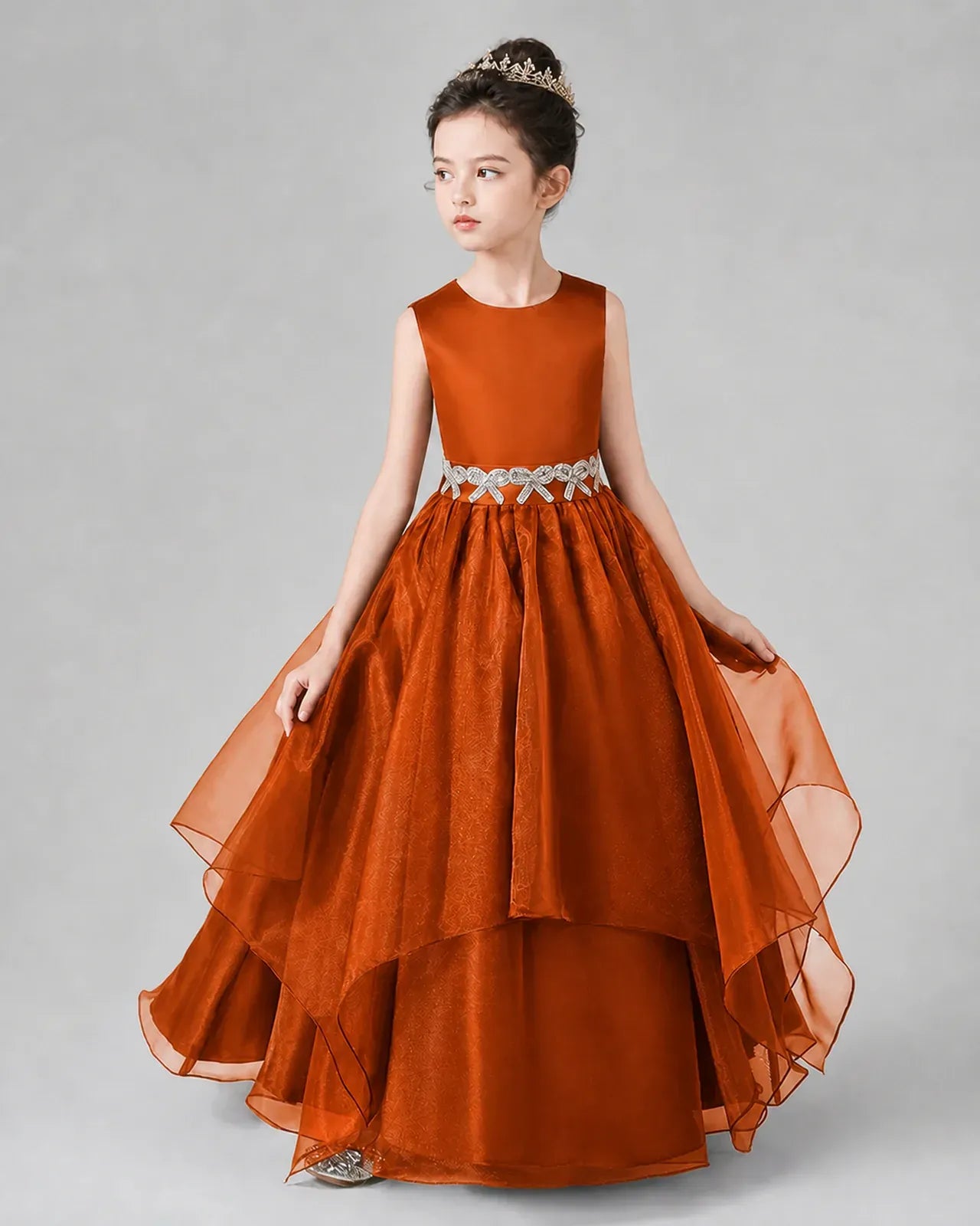 Burnt Orange Satin Tulle A-Line Girls Formal Dresses Side View