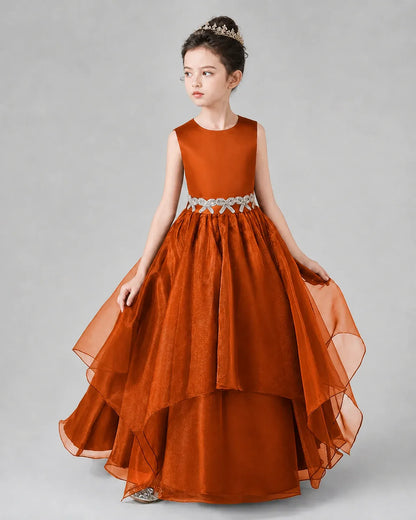 Burnt Orange Satin Tulle A-Line Girls Formal Dresses Side View