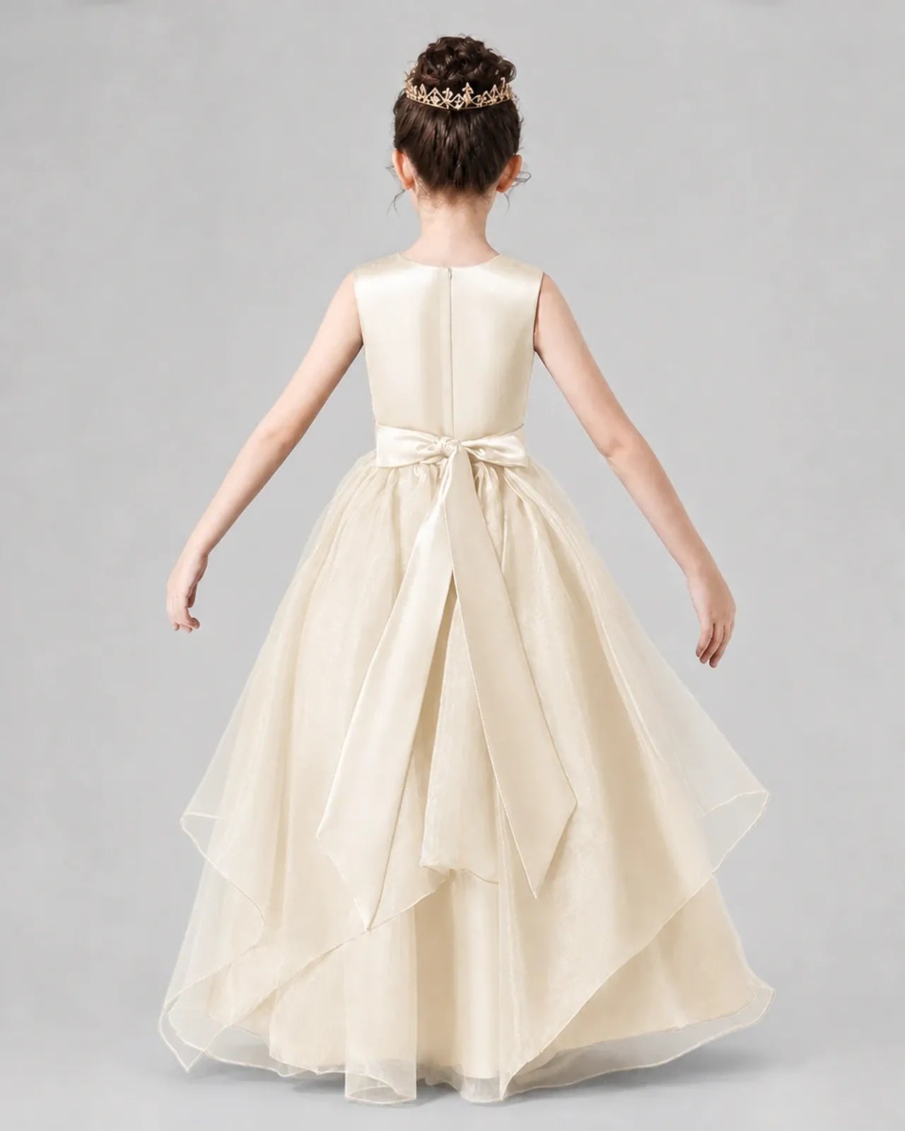 Champagne Satin Tulle A-Line Girls Formal Dresses Back View