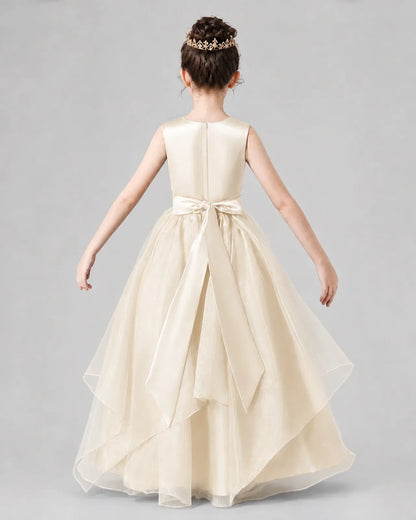 Champagne Satin Tulle A-Line Girls Formal Dresses Back View