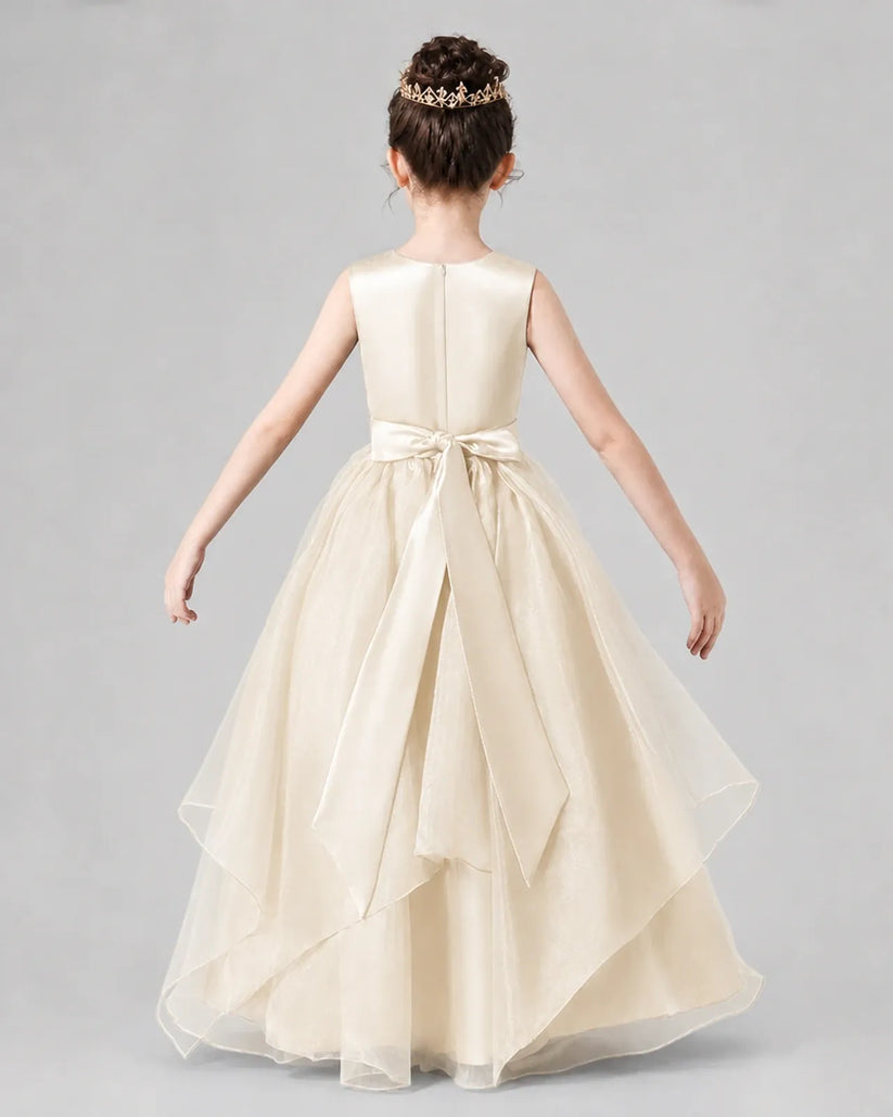 Champagne Satin Tulle A-Line Girls Formal Dresses Back View