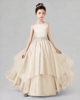 Champagne Satin Tulle Ball Gown Girls Formal Dresses Front View