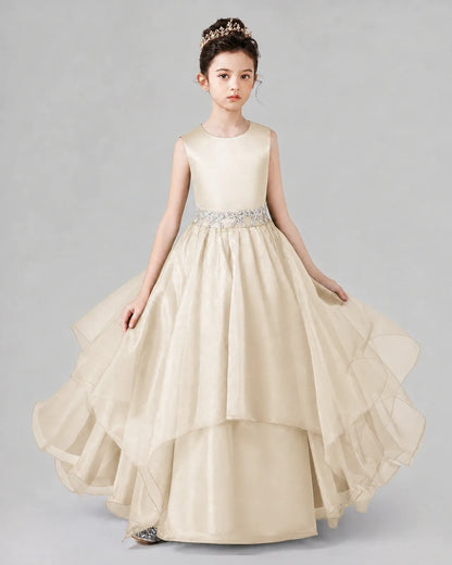 Champagne Satin Tulle Ball Gown Girls Formal Dresses Front View