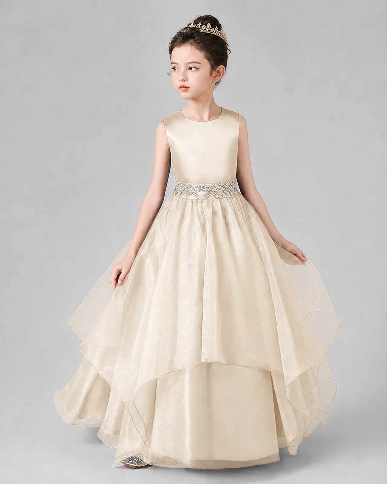 Champagne Satin Tulle A-Line Girls Formal Dresses Side View