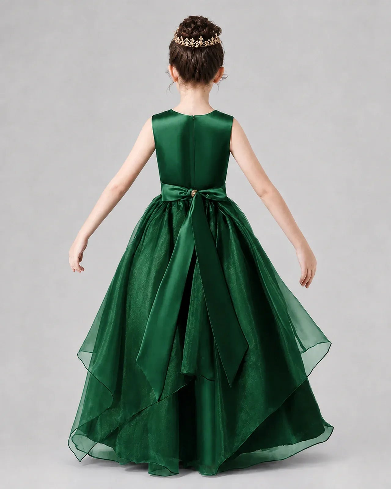 Dark Green Satin and Tulle A-Line Girls Formal Dresses Back View