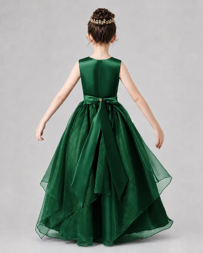 Dark Green Satin and Tulle A-Line Girls Formal Dresses Back View