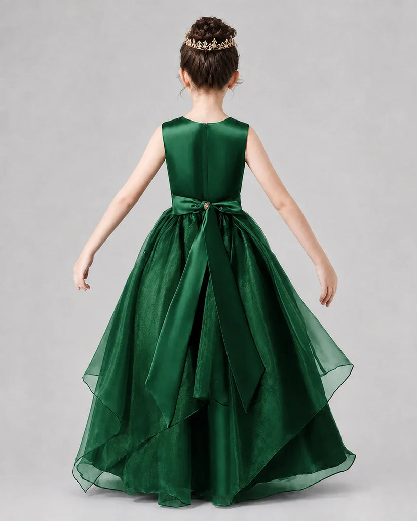 Dark Green Satin and Tulle A-Line Girls Formal Dresses Back View