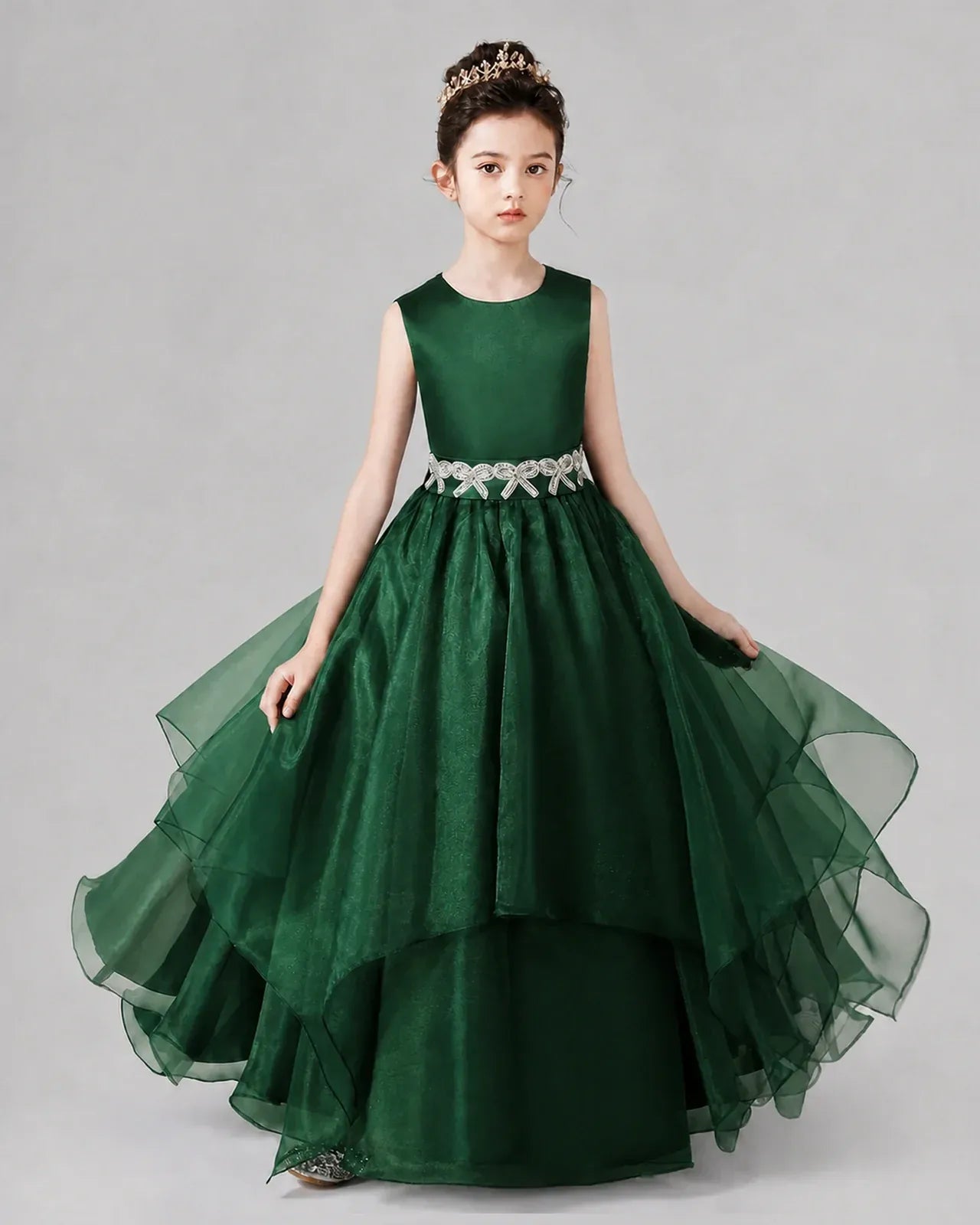 Dark Green Satin And Tulle A-Line Girls Formal Dresses Front View