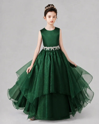 Dark Green Satin And Tulle A-Line Girls Formal Dresses Front View