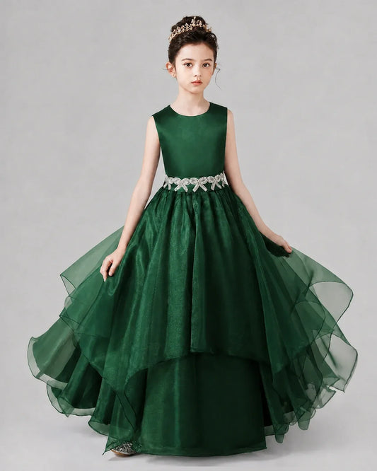 Dark Green Satin And Tulle A-Line Girls Formal Dresses Front View