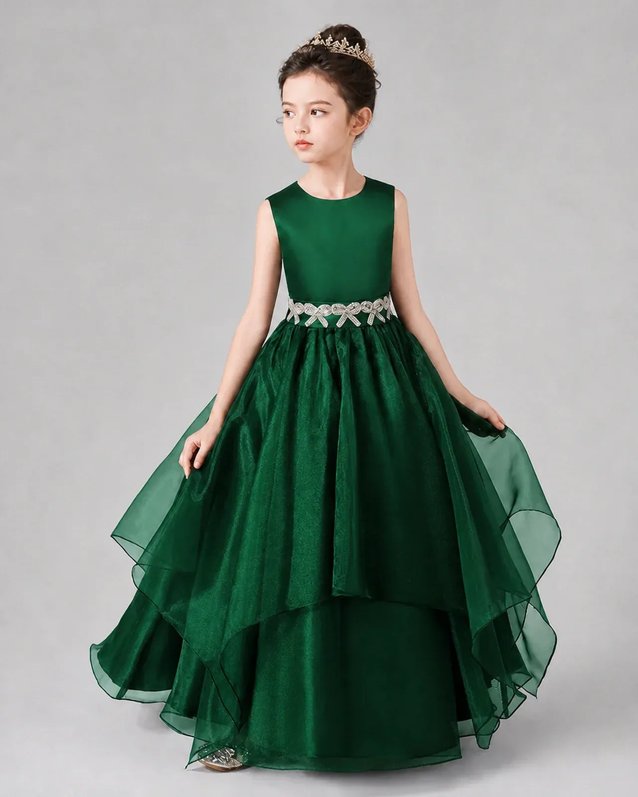 Dark Green Satin Tulle A-Line Girls Formal Dresses Side View
