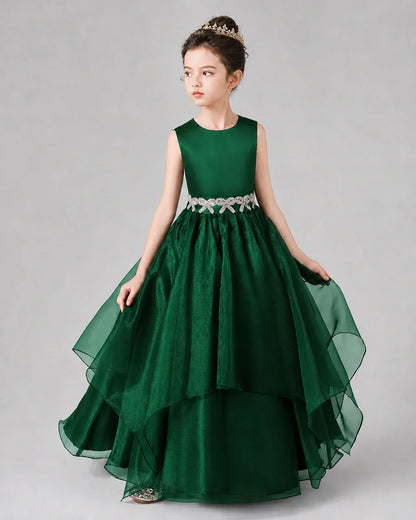 Dark Green Satin Tulle A-Line Girls Formal Dresses Side View