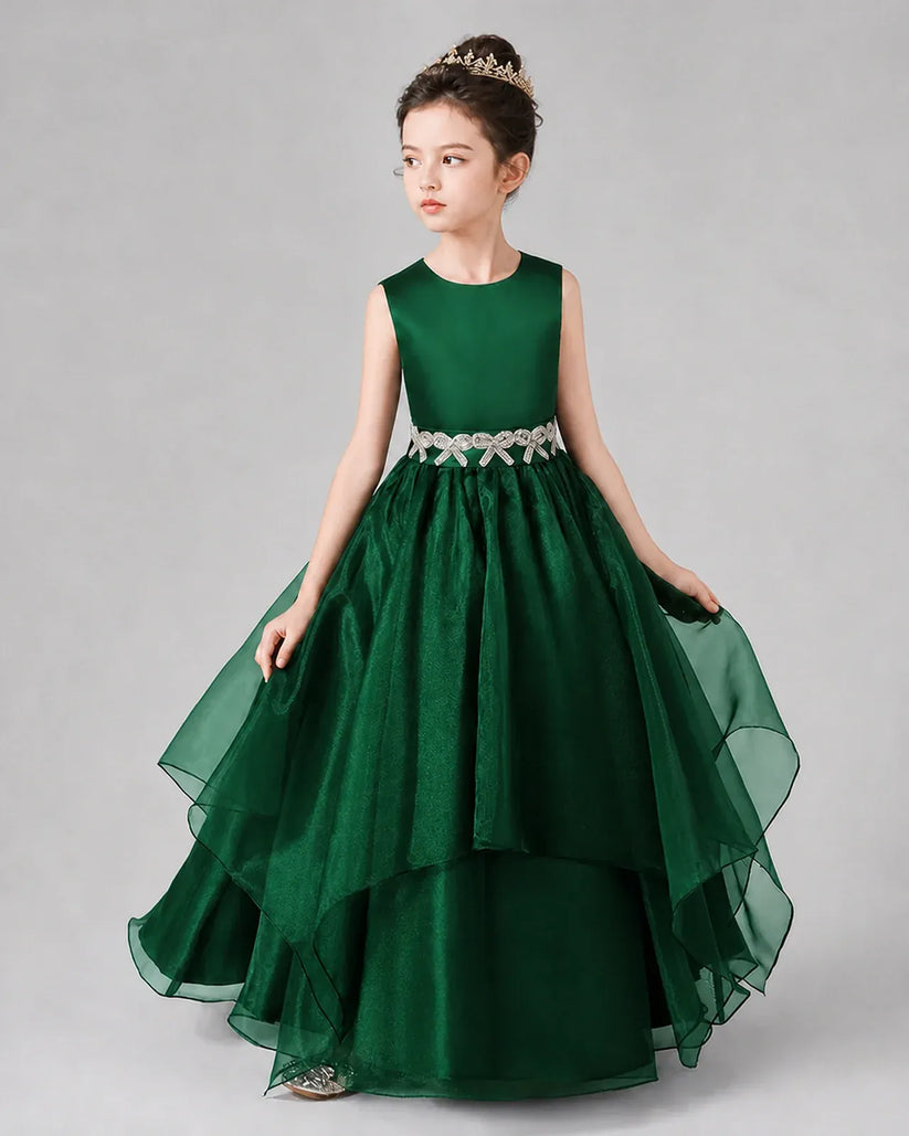 Dark Green Satin Tulle A-Line Girls Formal Dresses Side View