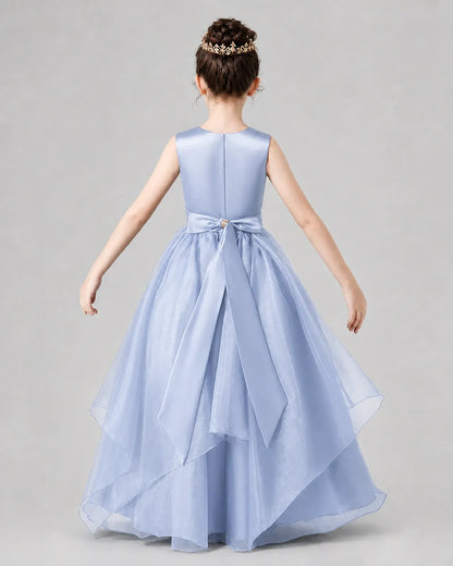 Dusty Blue Satin and Tulle A-Line Girls Formal Dresses Back View