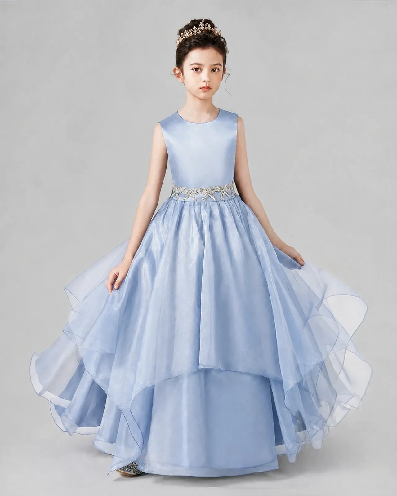 Dusty Blue Satin and Tulle Sleeveless A-Line Girls Formal Dresses Front View