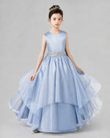 Dusty Blue Satin and Tulle Sleeveless A-Line Girls Formal Dresses Front View