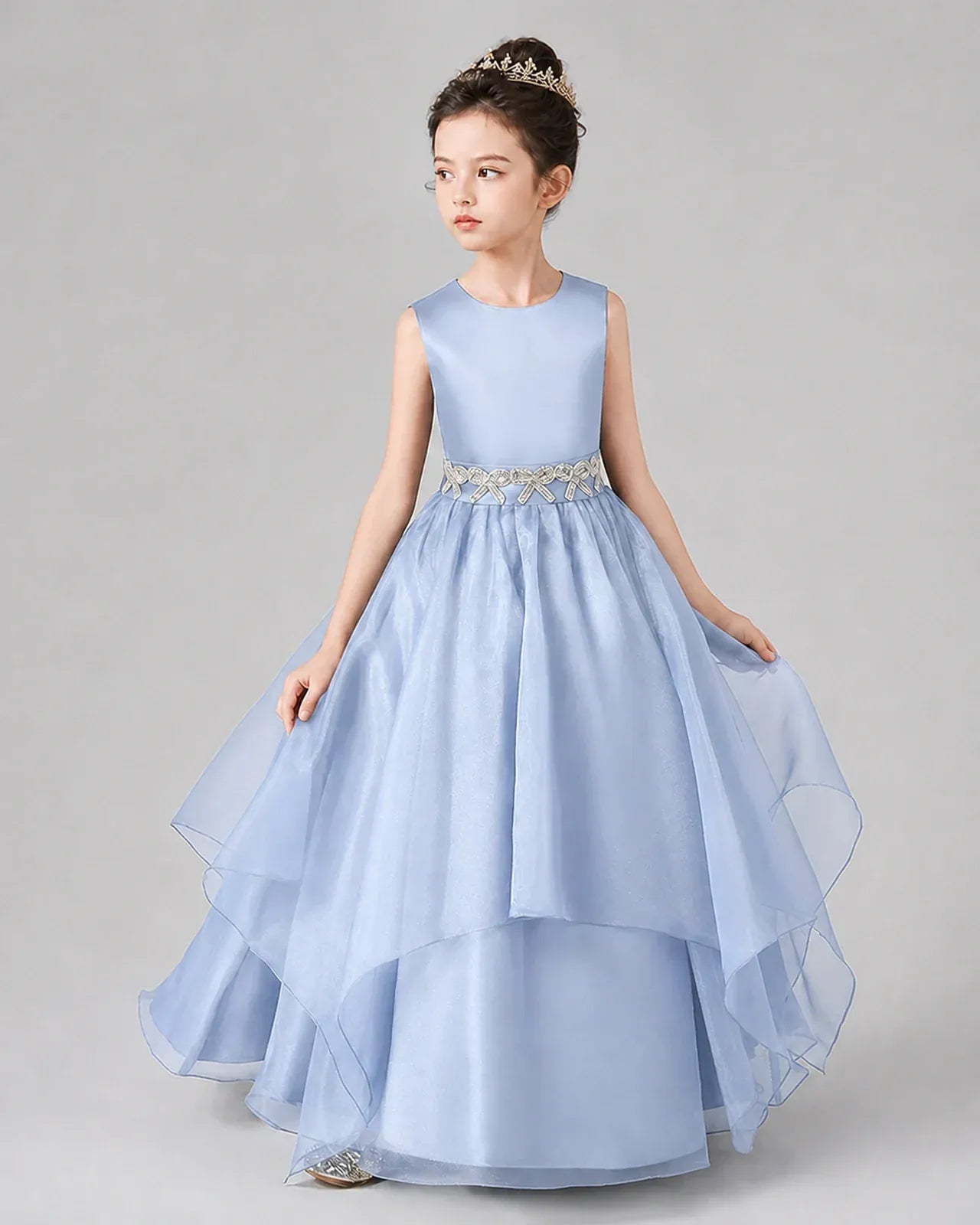 Dusty Blue Satin and Tulle Tiered Ball Gown Girls Formal Dresses Side View