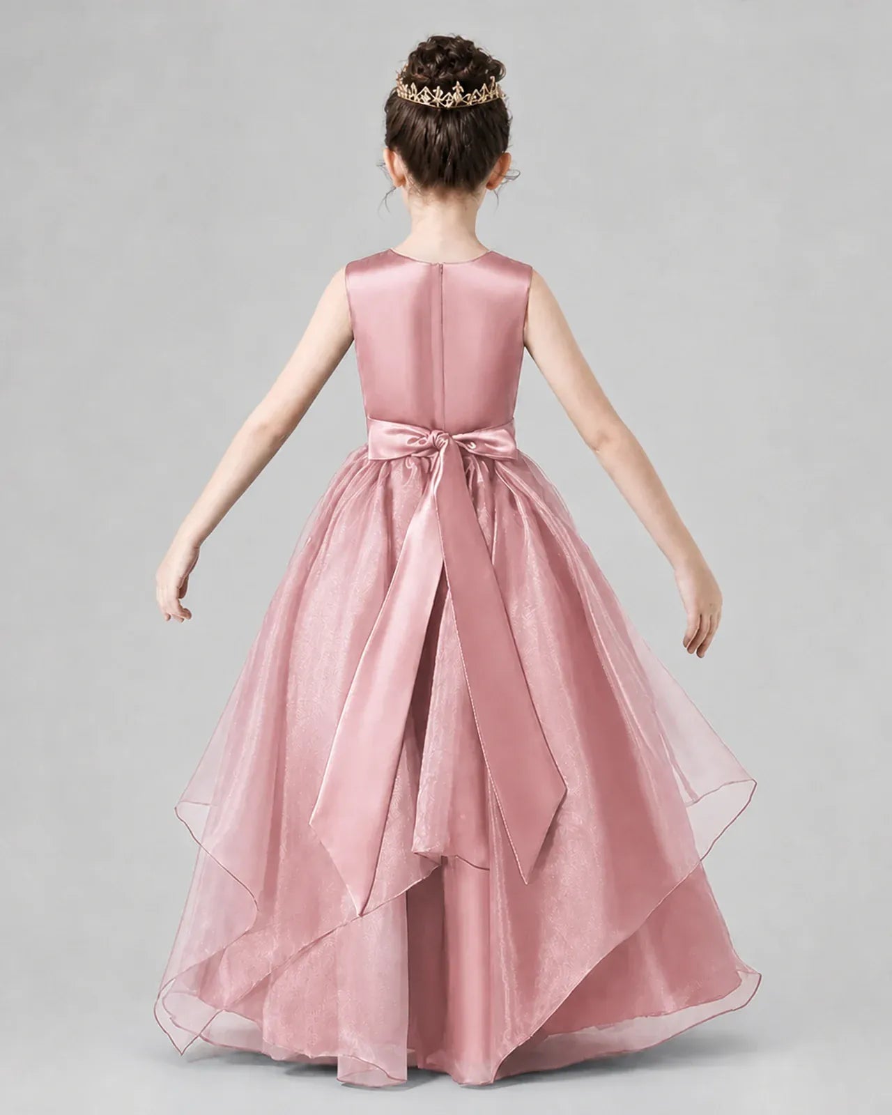 Dusty Rose Satin Tulle A-Line Girls Formal Dresses Back View
