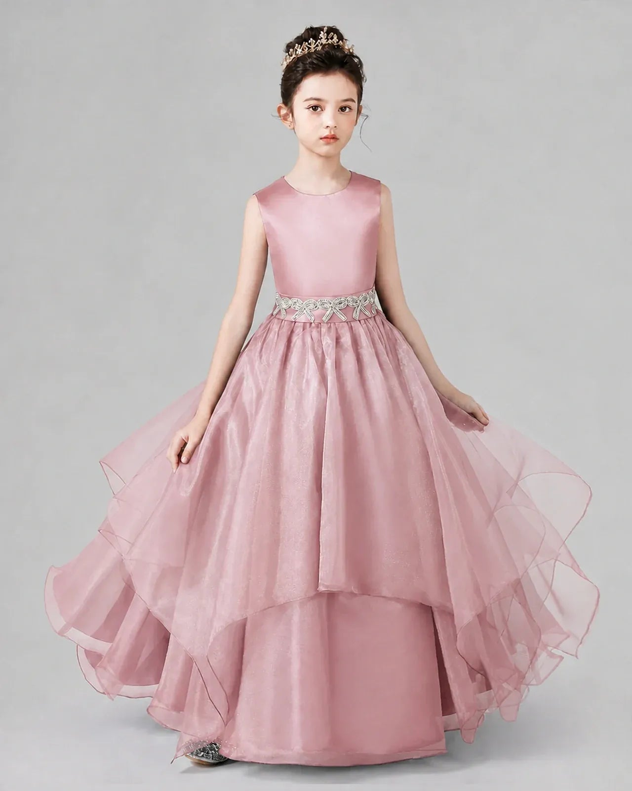 Dusty Rose Satin Tulle A-Line Girls Formal Dresses Front View