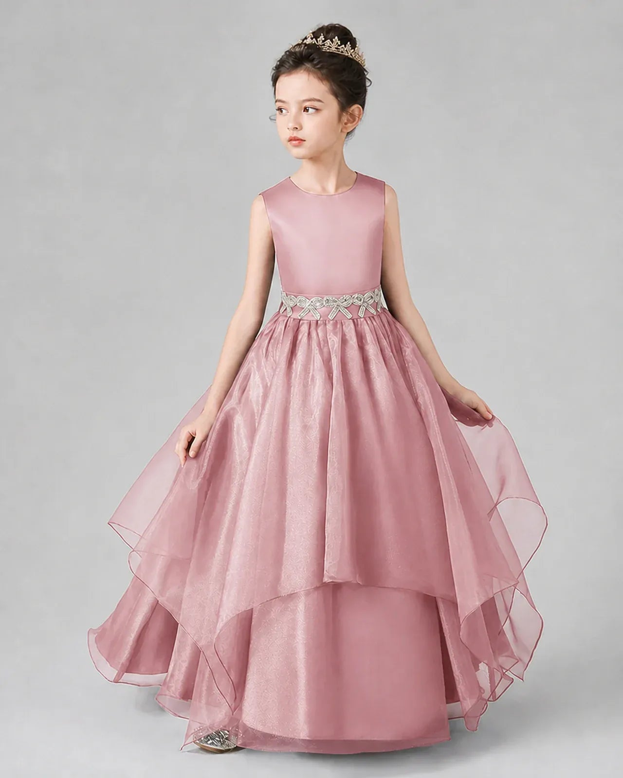 Dusty Rose Satin Tulle A-Line Girls Formal Dresses Side View