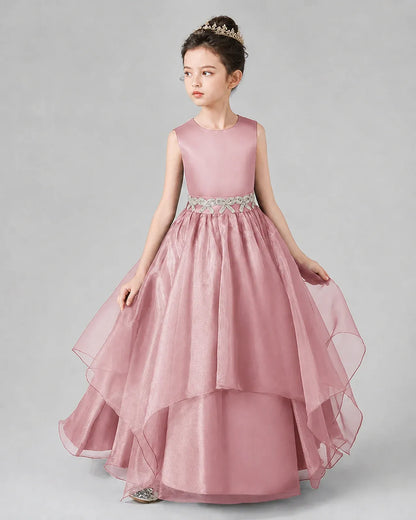 Dusty Rose Satin Tulle A-Line Girls Formal Dresses Side View