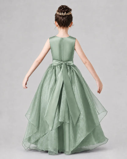Eucalyptus Satin Tulle A-Line Girls Formal Dresses Back View