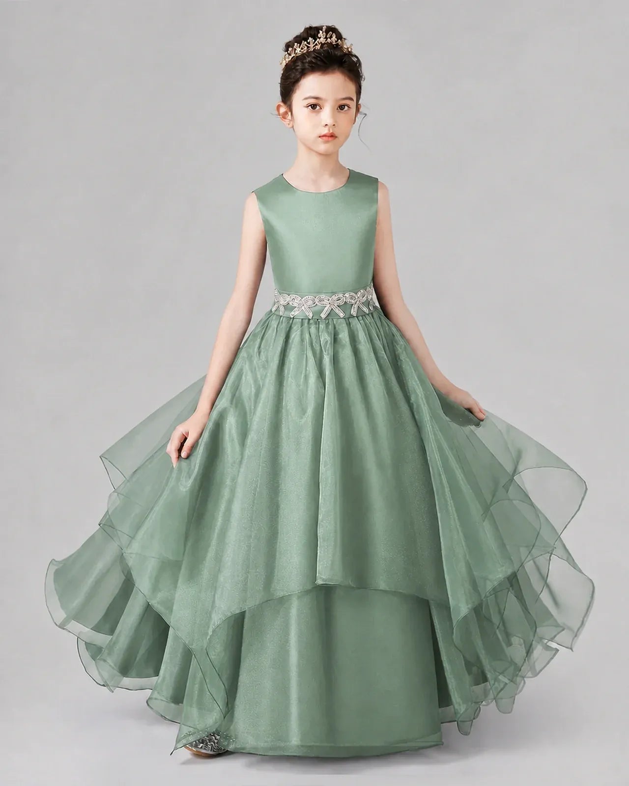 Eucalyptus satin and tulle tiered ball gown Girls Formal Dresses Front View