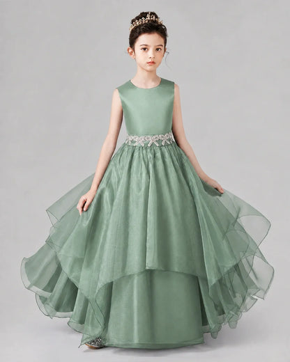 Eucalyptus satin and tulle tiered ball gown Girls Formal Dresses Front View