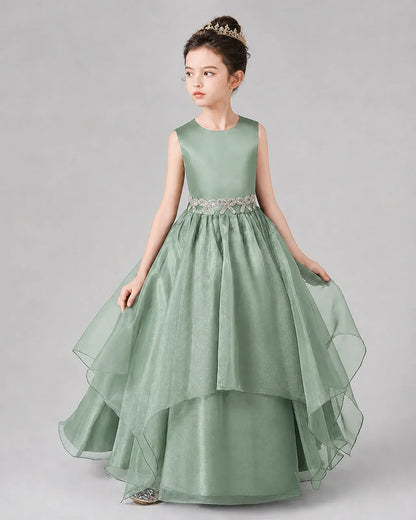 Eucalyptus Satin Tulle A-Line Girls Formal Dresses Side View