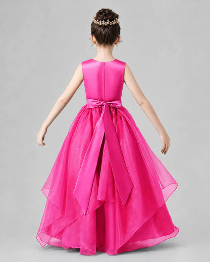 Hot Pink Satin Tulle A-Line Girls Formal Dresses Back View