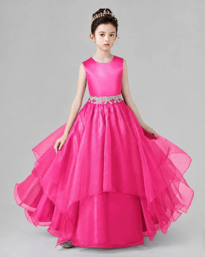Hot Pink Satin and Tulle Tiered A-Line Girls Formal Dresses Front View