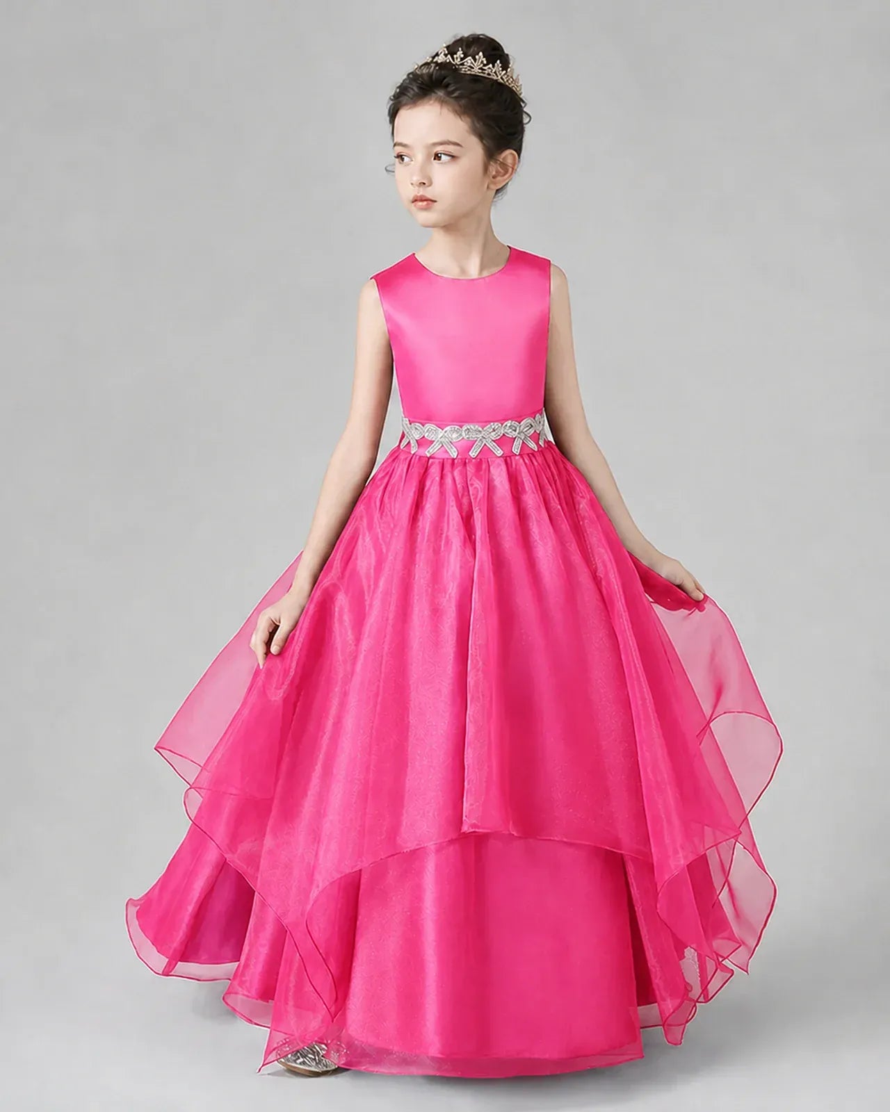 Hot Pink Satin Tulle A-Line Girls Formal Dresses Side View