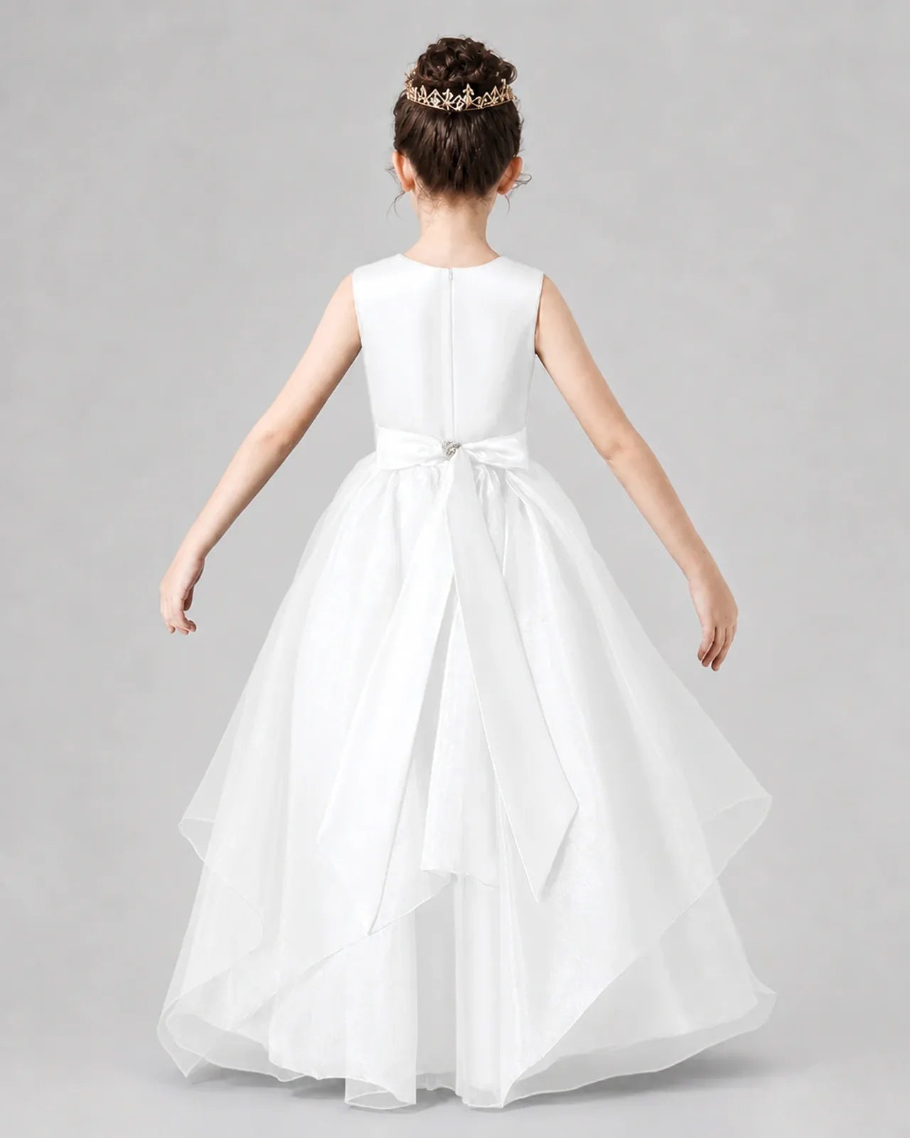 Ivory Satin Tulle A-Line Girls Formal Dresses Back View